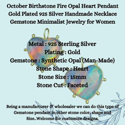 October Birthstone Fire Opal Heart Pendant Gold Plated 925 Silver Handmade Necklace Gemstone Minimalist Jewelry for Women- Selling Per Piece