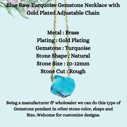 Blue Raw Turquoise Gemstone Necklace with Gold Plated Adjustable Chain