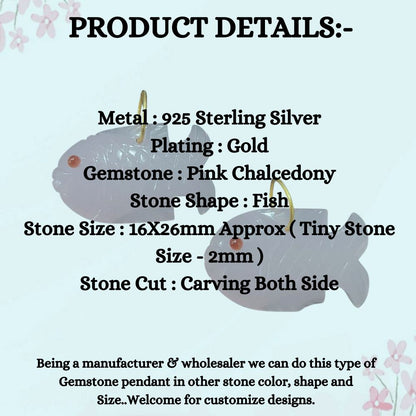 Gold Plated Pink Chalcedony Fish Gemstone Pendant Handmade Carved Crystal Charm for Craft Jewelry Projects- Selling Per Piece