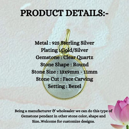 Gold Plated Sterling Silver Clear Quartz Pendant for Necklace Handmade Carved Moon Face Gemstone Jewelry- Selling Per Piece