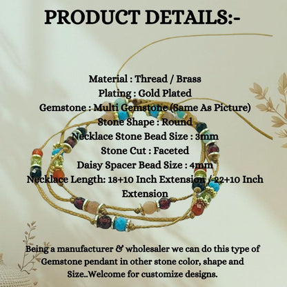Colourful Round Multi Gemstone Necklace Handmade Hand Knotted Daisy Flower Spacer Beads Adjustable Summer Jewellery
