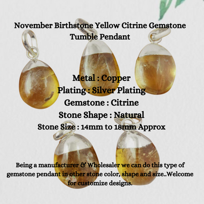 November Birthstone Yellow Citrine Gemstone Tumble Pendant Silver Electroplated Fine Jewelry-Selling Per Piece