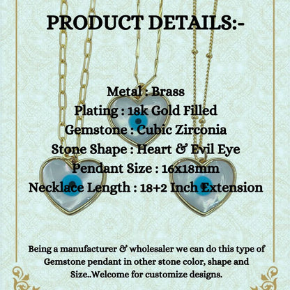 White Enamel Evil Eye Heart Necklace for Women, 18K Gold Plated Cubic Zirconia Pendant, Spiritual Protection Talisman Jewelry- Selling Per Piece