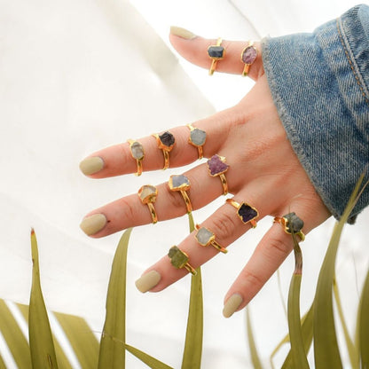 Handmade All Birthstone Raw Gemstone Statement Rings Gold Electroplated Minimalist Jewelry For Gift- Selling Per Piece