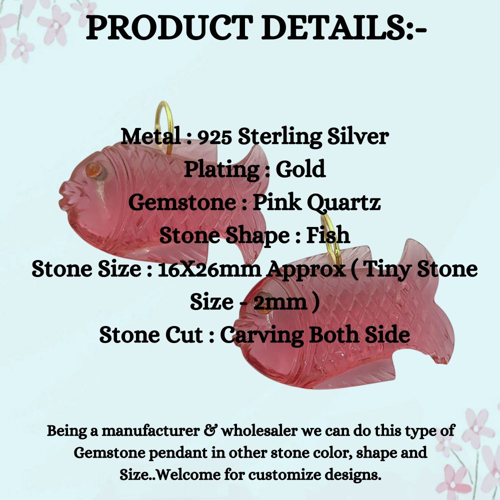 Bohemian Pink Quartz Fish Pendant Gold Plated 925 Silver Carved Crystal Charm for Handcrafted Jewelry- Selling Per Piece