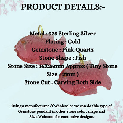 Bohemian Pink Quartz Fish Pendant Gold Plated 925 Silver Carved Crystal Charm for Handcrafted Jewelry- Selling Per Piece