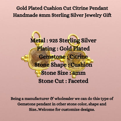 8mm Cushion Cut Citrine Pendant - Gold Plated Sterling Silver Handmade Jewelry Gift