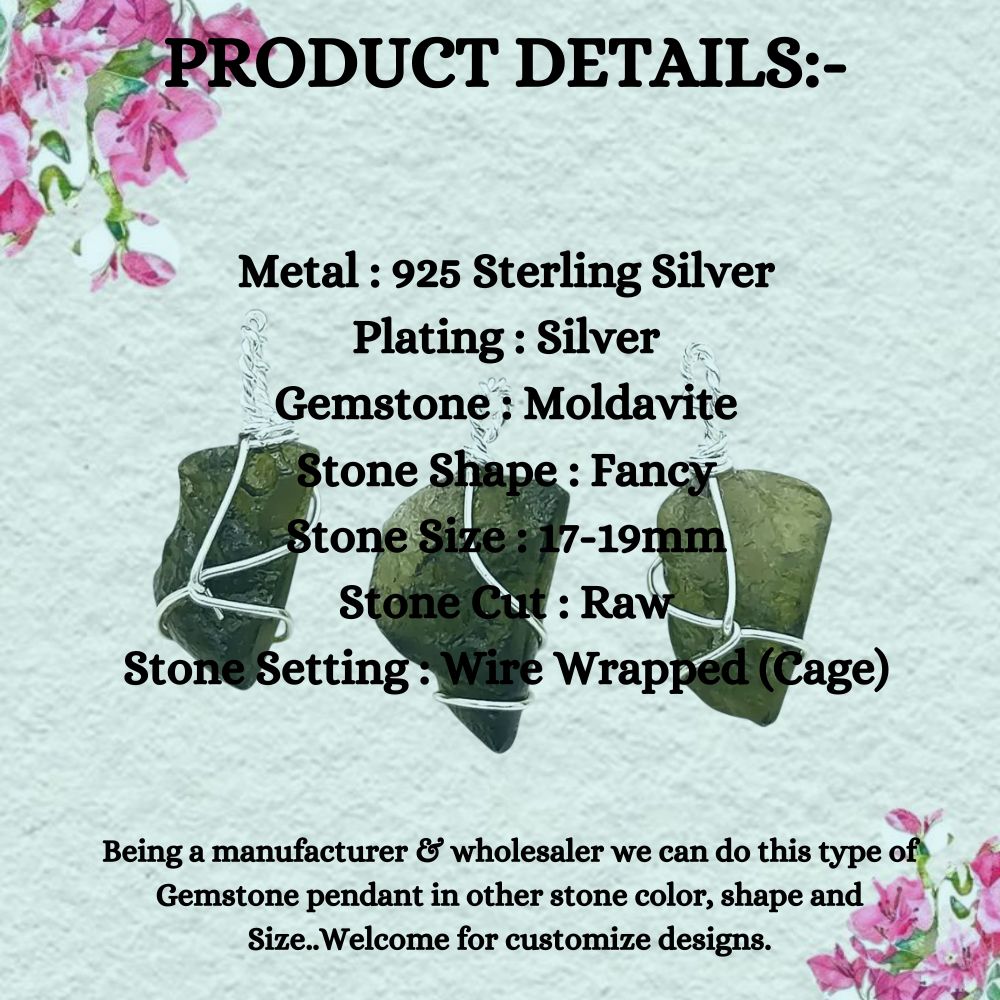 Genuine Moldavite Crystal Pendant Raw Tektite Healing Stone Wire Wrapped in 925 Sterling Silver Spiritual Jewelry Charm- Selling Per Piece