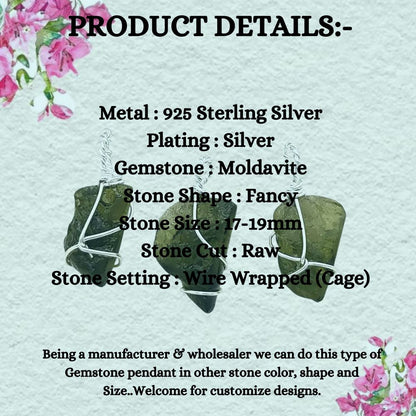Genuine Moldavite Crystal Pendant Raw Tektite Healing Stone Wire Wrapped in 925 Sterling Silver Spiritual Jewelry Charm- Selling Per Piece