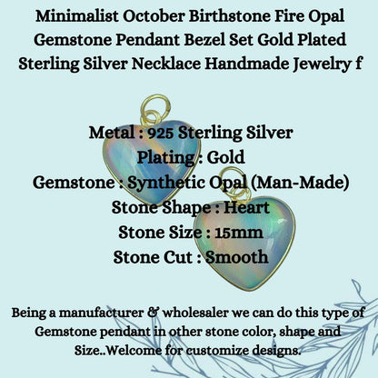 Minimalist October Birthstone Fire Opal Gemstone Pendant Bezel Set Gold Plated Sterling Silver Necklace Handmade Jewelry for Gift- Selling Per Piece