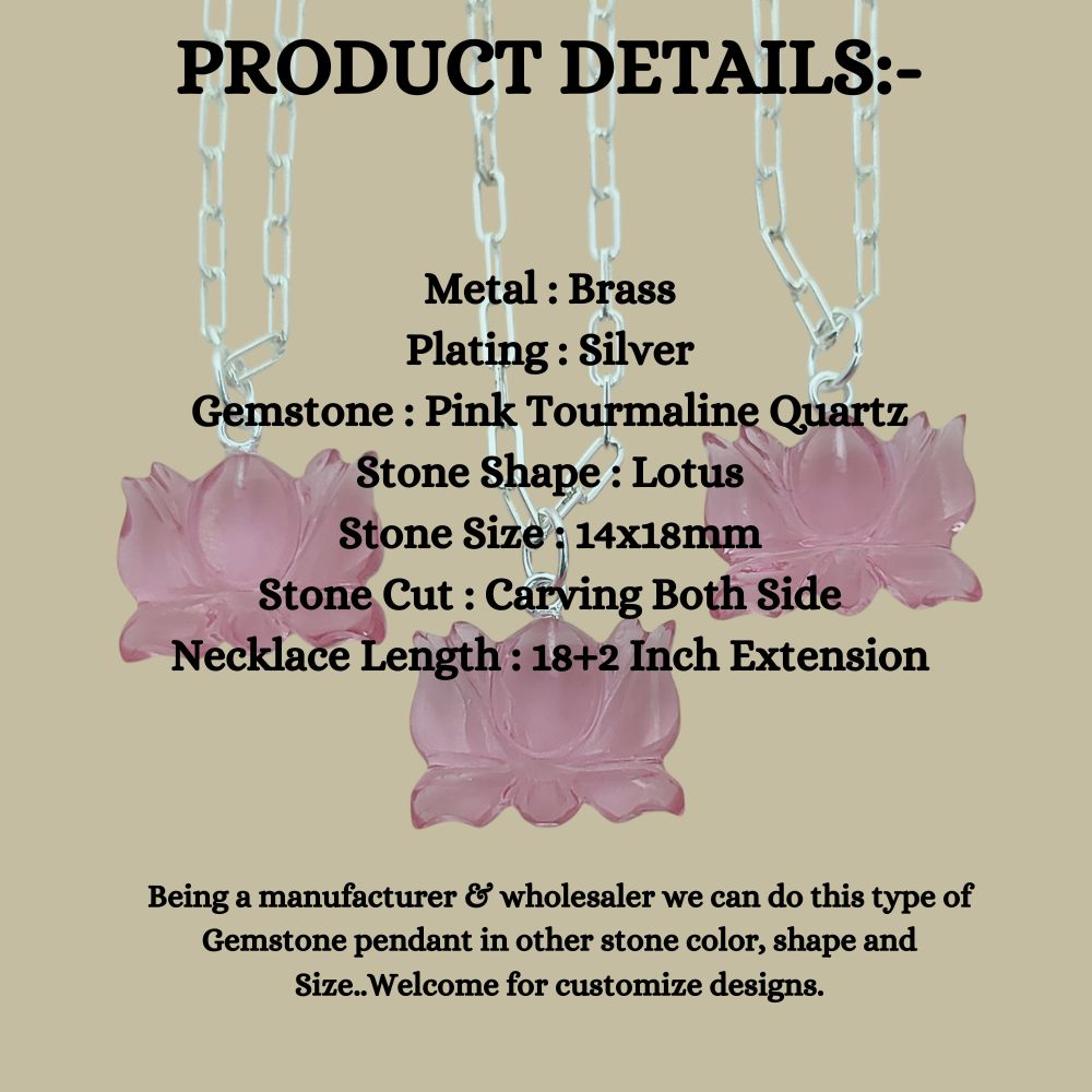 Unique Lotus Carved Pink Tourmaline Necklace Mahalaxmi Inspired Healing Crystal Jewelry- Selling Per Piece