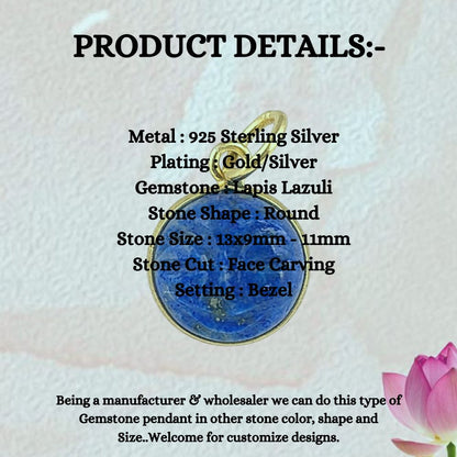 Unique Lapis Lazuli Carved Moon Face Pendant Handmade Sterling Silver Gold Plated Healing Crystal Necklace Charms – Selling Per Piece