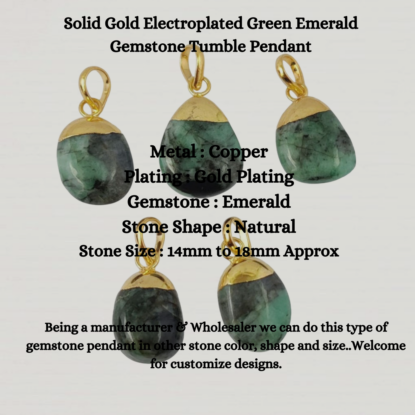 Solid Gold Electroplated Green Emerald Gemstone Tumble Pendant Handmade Birthstone Jewelry- Selling Per Piece