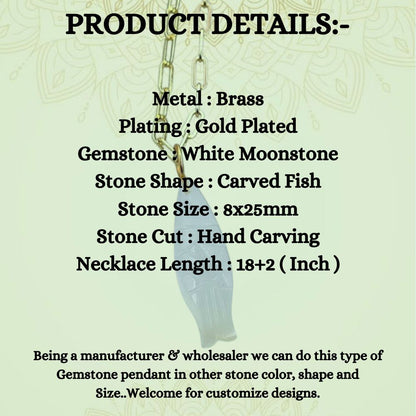 Spiritual White Moonstone Carved Fish Necklace Healing Crystal Pendant in Boho Gold Plate Chain- Selling Per Piece