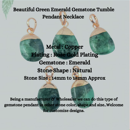 Beautiful Emerald Gemstone Tumble Pendant Necklace May Birthstone Rose Gold Electroplated Dainty Jewelry- Selling Per Piece