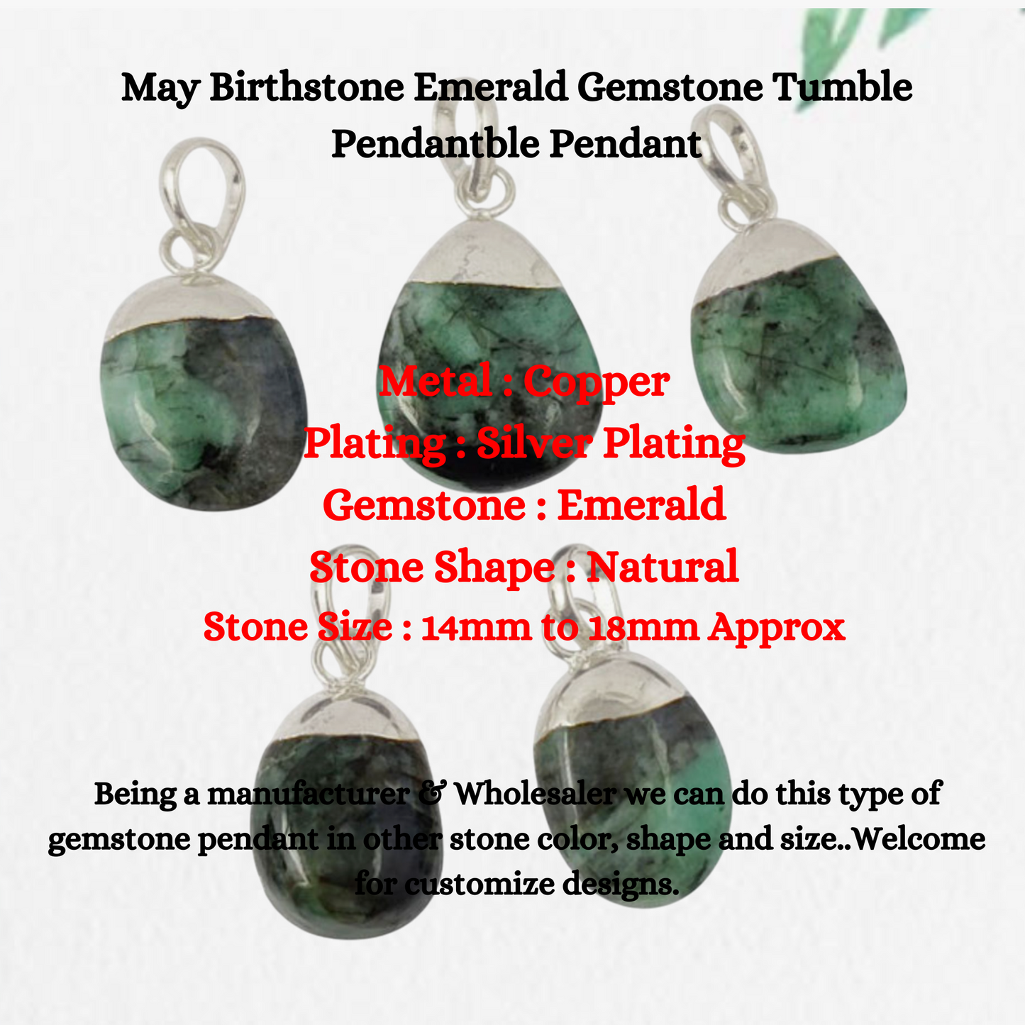 Elegant Silver Electroplated Handmade Jewelry May Birthstone Emerald Gemstone Tumble Pendant- Selling Per Piece