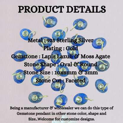 Lapis Lazuli & Moss Agate Gemstone Pendant Gold Plated Charms in 925 Sterling Silver- Selling Per Piece