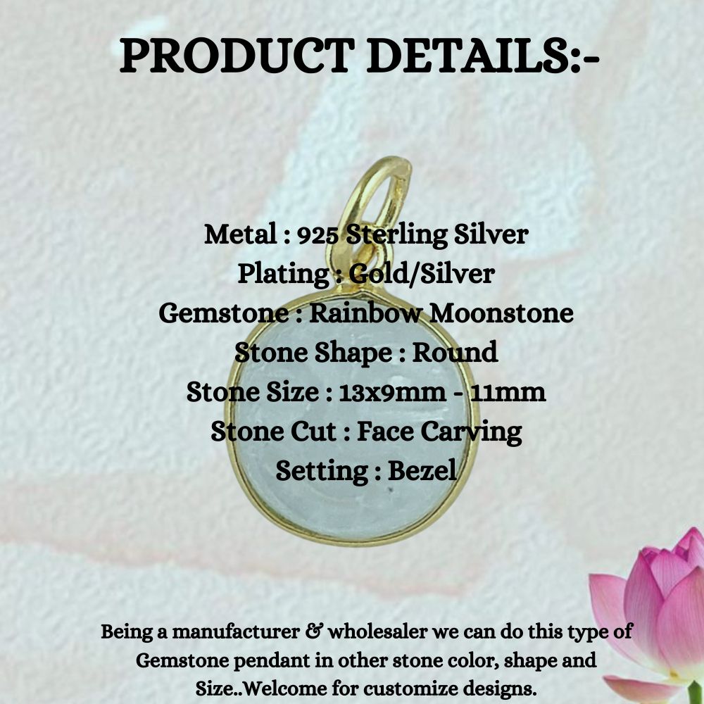 Handmade Rainbow Moonstone Moon Face Pendant Gold Plated 925 Sterling Silver Celestial Healing Crystal Necklaces – Selling Per Piece