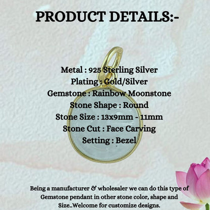 Handmade Rainbow Moonstone Moon Face Pendant Gold Plated 925 Sterling Silver Celestial Healing Crystal Necklaces – Selling Per Piece