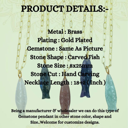 Boho Fish Carved Gemstone Necklace in Gold Plated Chain Handmade Spiritual Jewelry for Women- Selling Per Piece