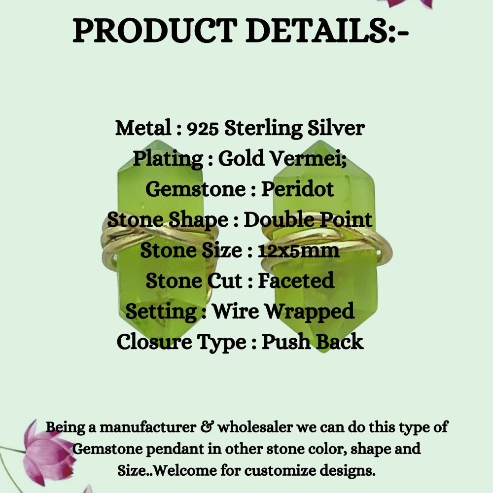 Handmade 12x5mm Peridot Earrings Gold Vermeil Wire Wrapped Healing Crystal Studs for Women- Selling Per Pair