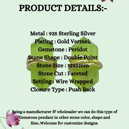 Handmade 12x5mm Peridot Earrings Gold Vermeil Wire Wrapped Healing Crystal Studs for Women- Selling Per Pair