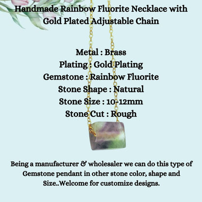 Handmade Rainbow Fluorite Necklace with Gold Plated Adjustable Chain