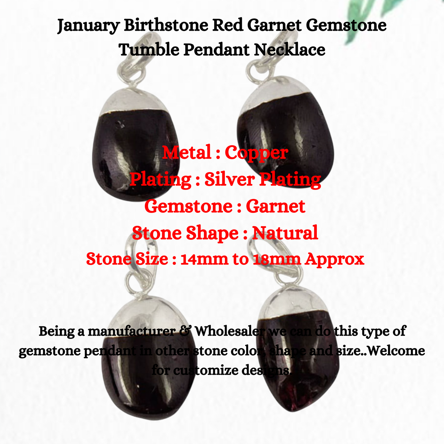 January Birthstone Red Garnet Gemstone Tumble Pendant Necklace Silver Electroplated Jewelry- Selling Per Piece