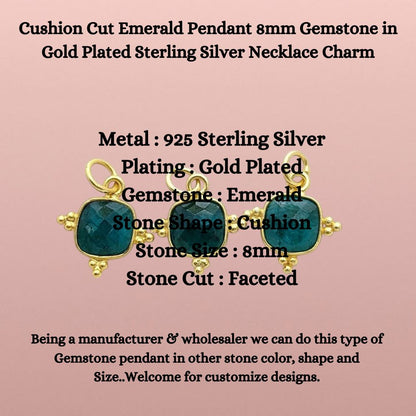Gold Plated Emerald Pendant - 8mm Cushion Cut Gemstone Sterling Silver Necklace Charm