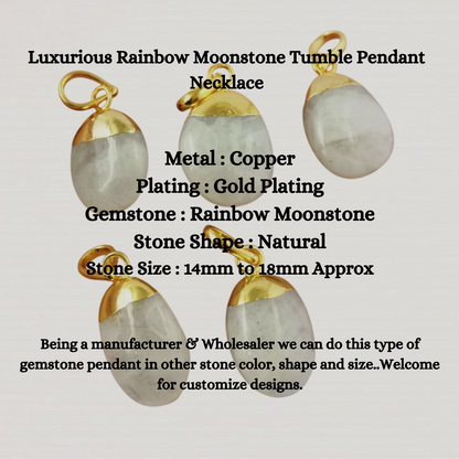 Luxurious Rainbow Moonstone Tumble Pendant Necklace June Birthstone Gold Electroplated Gemstone Jewelry- Selling Per Piece