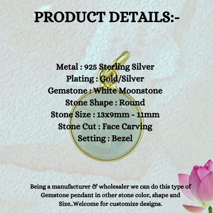 Carved White Moonstone Moon Face Pendant in Gold Plated Sterling Silver Handmade Spiritual Healing Gemstone Necklace – Selling Per Piece