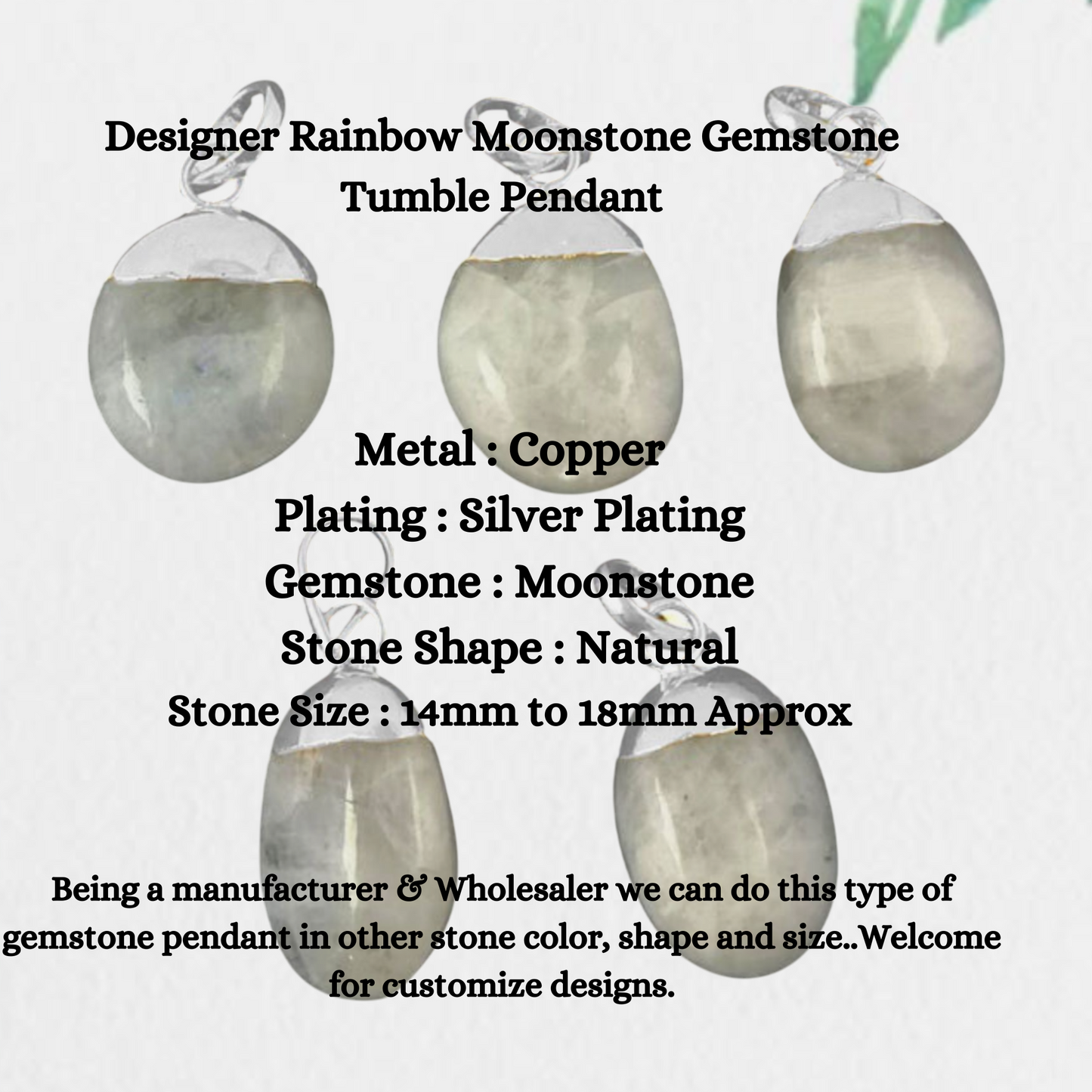 Silver Electroplated Birthstone Dainty Jewelry Designer Rainbow Moonstone Gemstone Tumble Pendant- Selling Per Piece