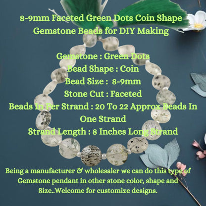 8-9mm Faceted Green Dots Coin Shape Gemstone Beads for DIY Making