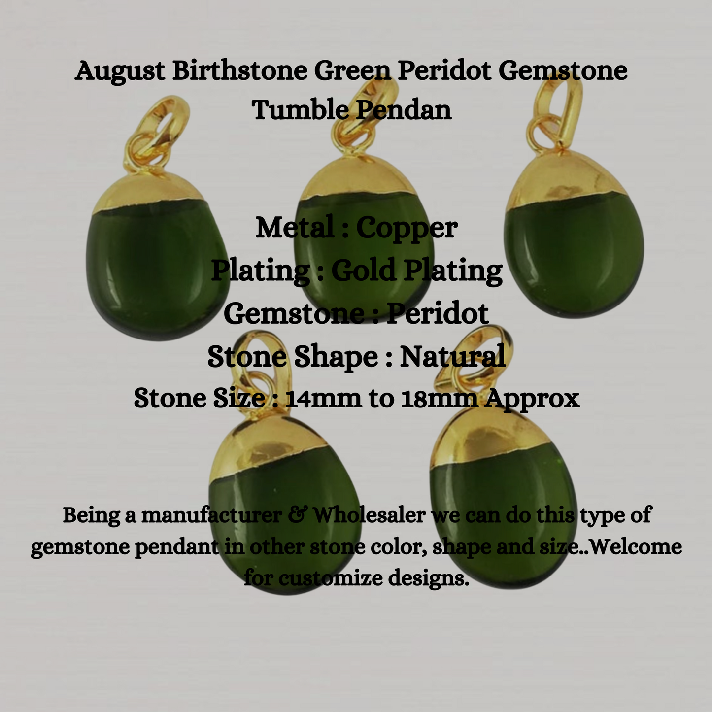 August Birthstone Green Peridot Gemstone Tumble Pendant Gold Electroplated Minimalist Birthstone Jewelry- Selling Per Piece