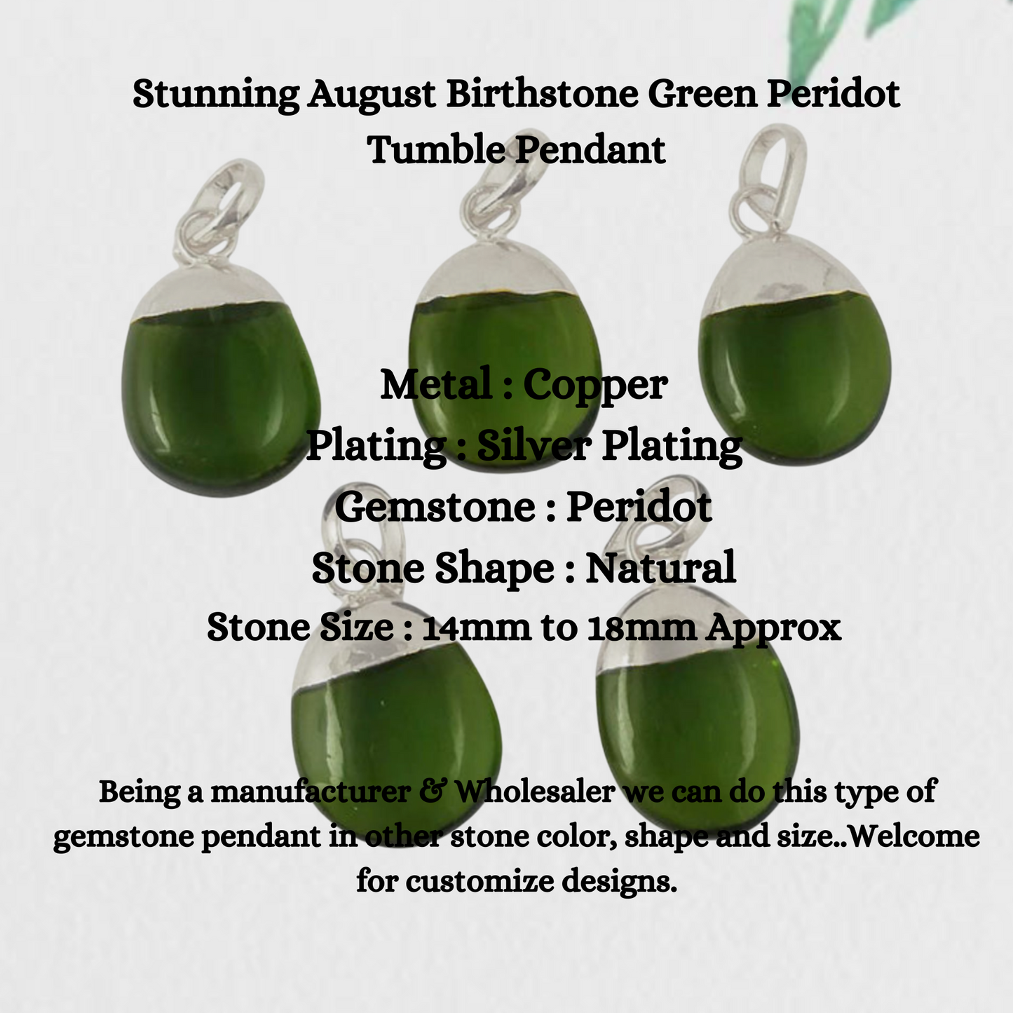 Stunning August Birthstone Green Peridot Tumble Pendant Silver Electroplated Minimalist Gemstone Jewelry- Selling Per Piece