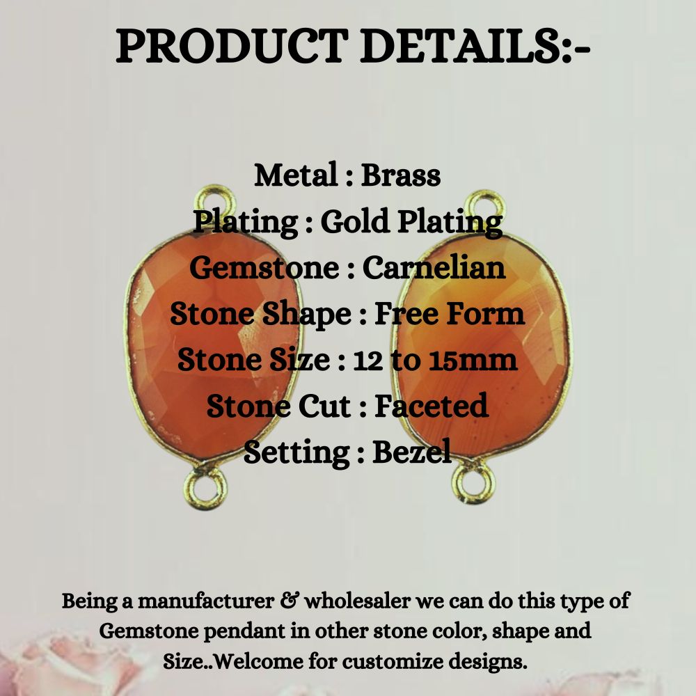12–15mm Carnelian Free Form Bezel Connector, Gold Plated Natural Stone Charm for Handmade Bracelets & Necklaces- Selling Per Piece