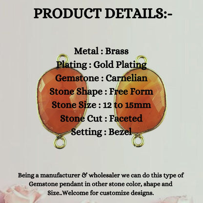 12–15mm Carnelian Free Form Bezel Connector, Gold Plated Natural Stone Charm for Handmade Bracelets & Necklaces- Selling Per Piece