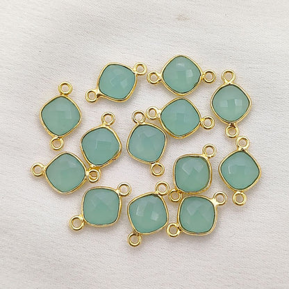 8mm Aqua Chalcedony Connector Link Cushion Cut Faceted Gemstone with Gold Plated Dual Loop Bezel for DIY Jewelry- Selling Per Piece