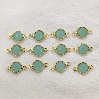 8mm Aqua Chalcedony Connector Link Cushion Cut Faceted Gemstone with Gold Plated Dual Loop Bezel for DIY Jewelry- Selling Per Piece