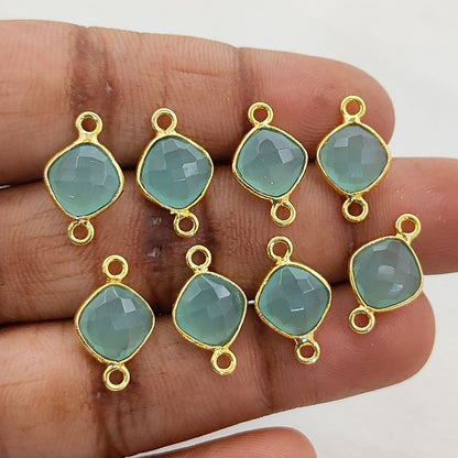 8mm Aqua Chalcedony Connector Link Cushion Cut Faceted Gemstone with Gold Plated Dual Loop Bezel for DIY Jewelry- Selling Per Piece