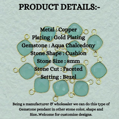 8mm Aqua Chalcedony Connector Link Cushion Cut Faceted Gemstone with Gold Plated Dual Loop Bezel for DIY Jewelry- Selling Per Piece