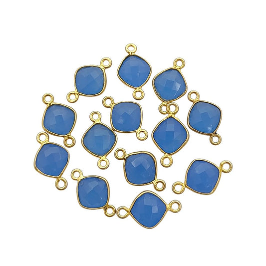 8mm Blue Chalcedony Gemstone Connector Gold Bezel Dual Loop Cushion Cut Charm- Selling Per Piece