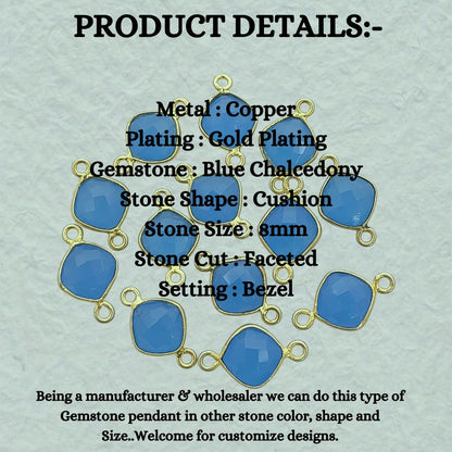 8mm Blue Chalcedony Gemstone Connector Gold Bezel Dual Loop Cushion Cut Charm- Selling Per Piece