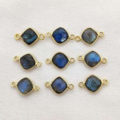 8mm Cushion Labradorite Gemstone Connector Dual Loop Gold Bezel Link for DIY Jewelry Designs- Selling Per Piece