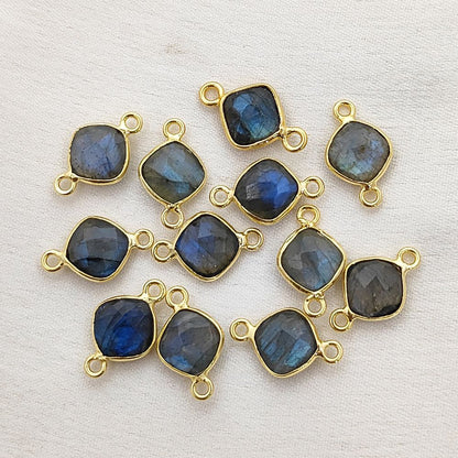 8mm Cushion Labradorite Gemstone Connector Dual Loop Gold Bezel Link for DIY Jewelry Designs- Selling Per Piece