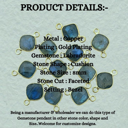 8mm Cushion Labradorite Gemstone Connector Dual Loop Gold Bezel Link for DIY Jewelry Designs- Selling Per Piece