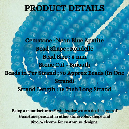 8mm Smooth Neon Blue Apatite Beads Strand Natural Gemstones for Bracelets & Necklaces