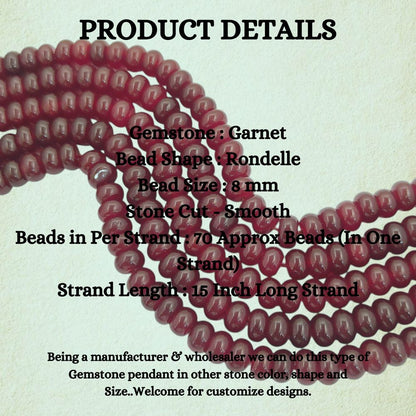 8mm Smooth Red Garnet Quartz Gemstone Beads Rondelle Loose Strand for Crafting