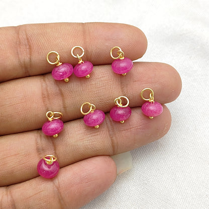 Handmade Hot Pink Chalcedony Gemstone Charm 8mm Roundel Gold Plated Bead for Jewelry Design- Selling Per Piece