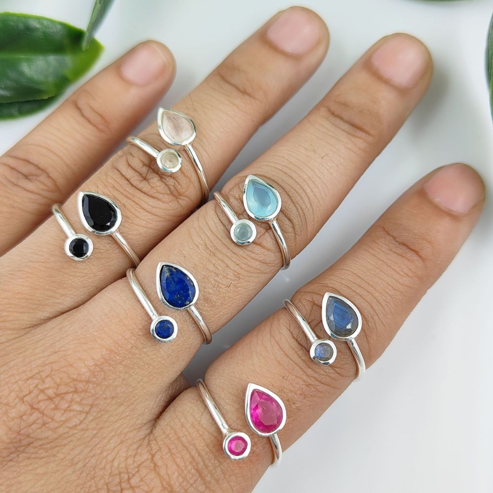 925 Sterling Silver | Adjustable Open Band | Minimalist Gemstone Ring